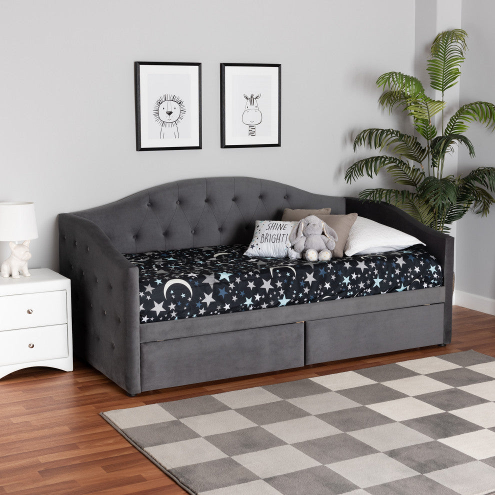 Mansi Modern Grey Velvet Fabric Upholstered Twin Size 2-Drawer Daybed