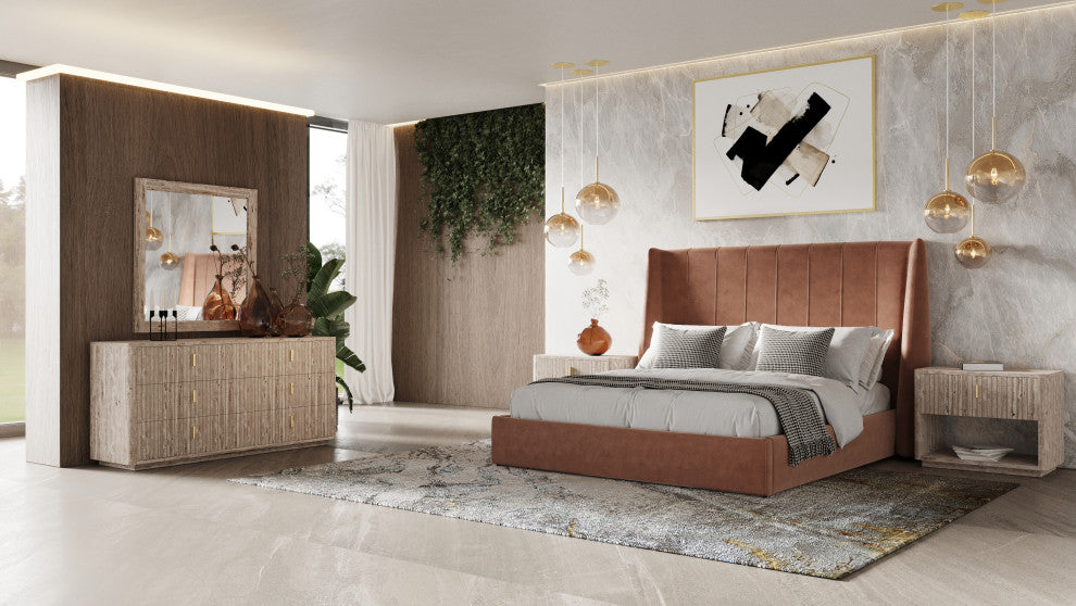 Modrest Roma Modern Burnt Orange Microfiber Upholstered Bed, Eastern King