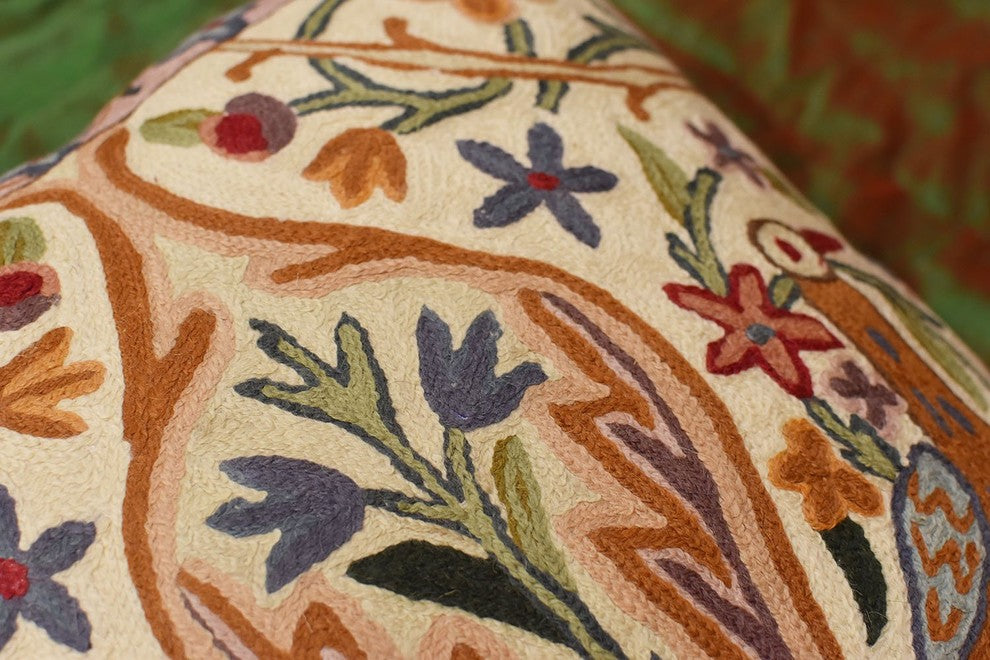 Floral Vase Tree of Life Two Crane Decorative Pillow Cover Handmade Wool 18x18"