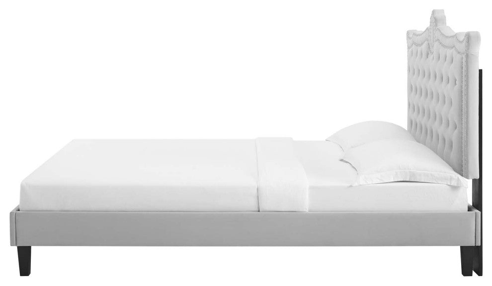 Platform Bed Frame, Nailhead, Queen Size, Gray, Velvet, Modern