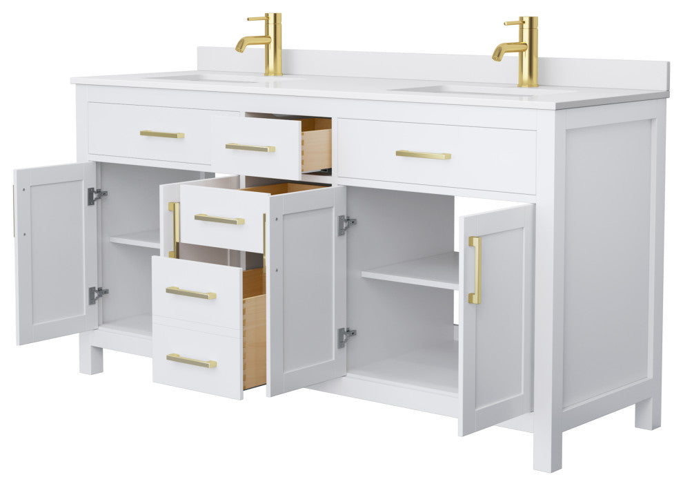66"DBL Bathroom Vanity, White, White Cult. Marble Countertop, Sinks, Gold Trim