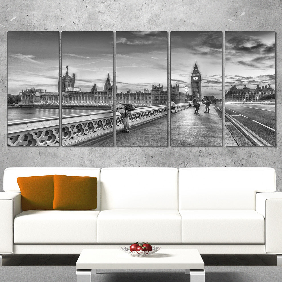 "Beautiful Black and White London View" Cityscape Wall Art, 60"x28", 5-Panels
