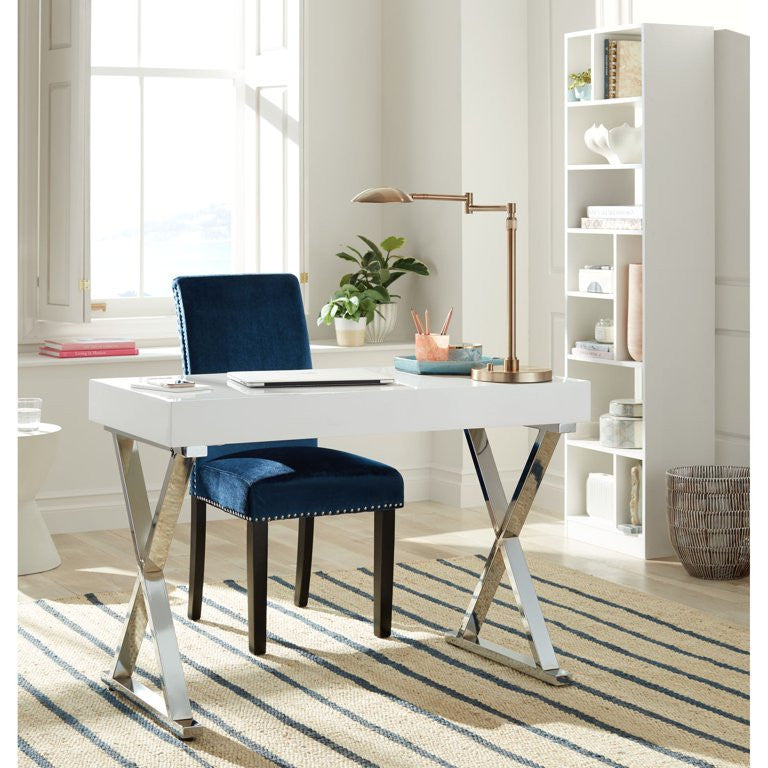 Contemporary Desk, X-Shaped Chrome Metal Legs & Handless Storage Drawer, White
