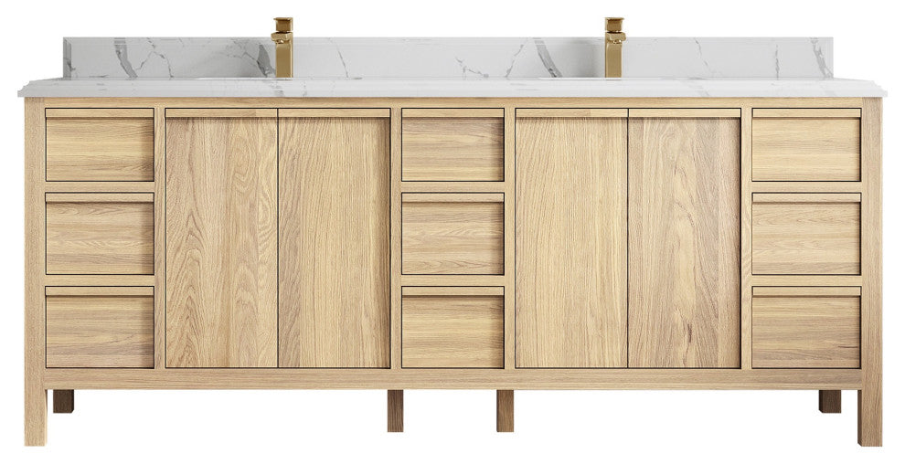 Elizabeth Oak 84" Double Sink Vanity, White 1.5" Calacatta Laza