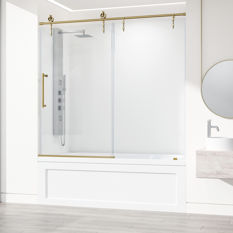 VIGO Hamilton Frameless Sliding, Matte Brushed Gold, Tub Door, 56" to 60" W X 68" H, Clear Glass