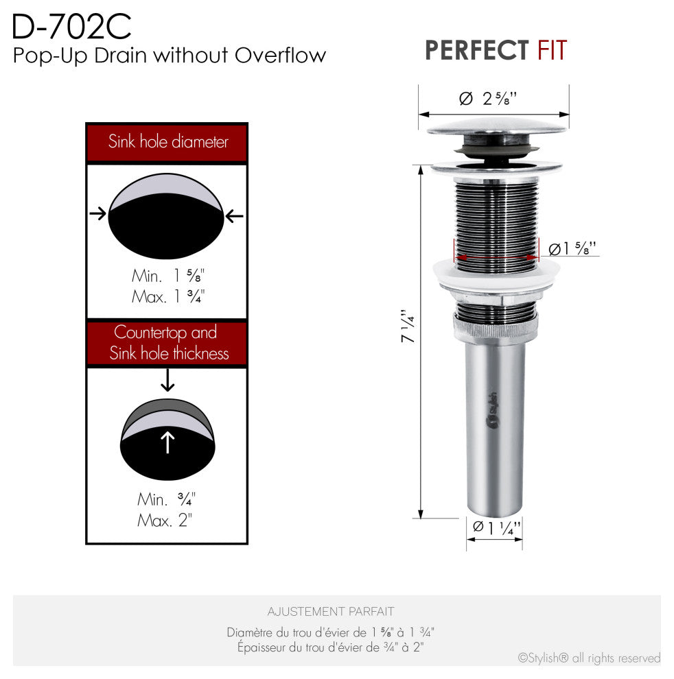 STYLISH Polished Chrome Pop-Up Bathroom Sink Drain without Overflow