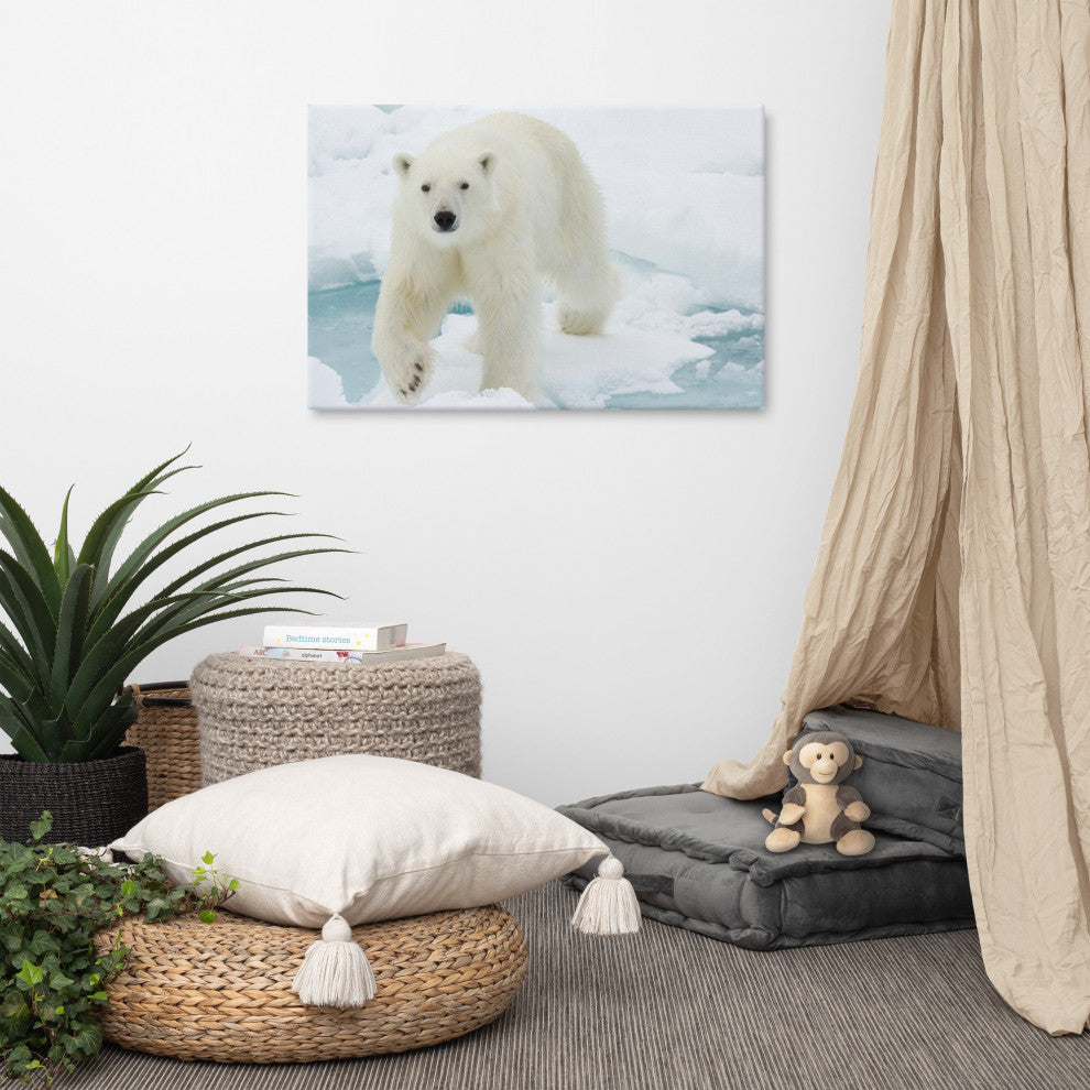 Giant White Polar Bear Walking On Icy Lake Wildlife Photo Canvas Wall Art Print, 24" X 36"