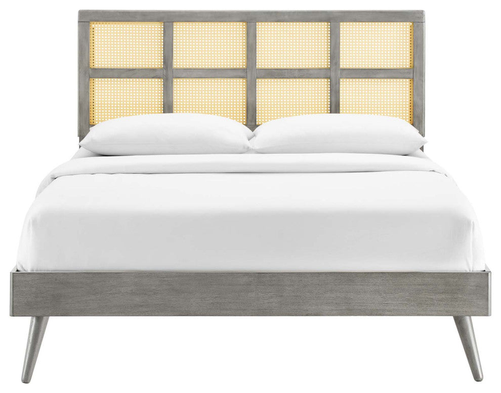 Sidney Cane and Wood Full Platform Bed With Splayed Legs Gray