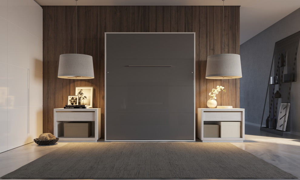 INVENTO Vertical Murphy Bed with LED and Mattress 63x78.7", White/Gray