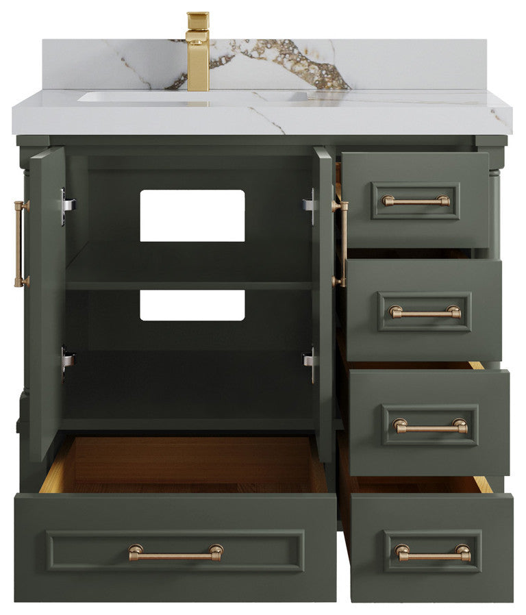 Aberdeen 36 Left Offset Bath Vanity in Pewter Green 2" Calacatta Gold