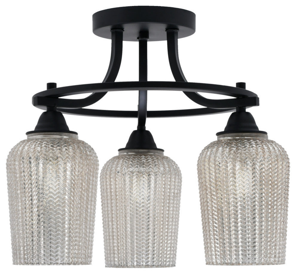 Paramount 3-Light Semi-Flush Light, Matte Black, 5" Silver Textured Glass