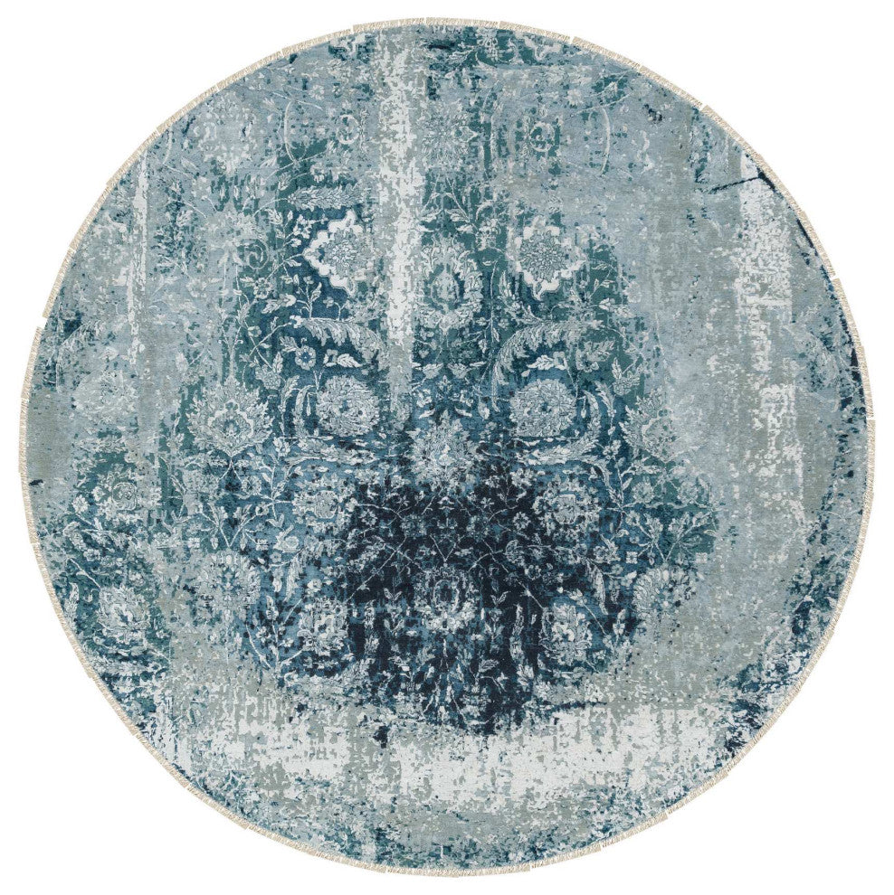 Blue-Teal Farsian Tebraz Wool and Silk Hand Knotted Runner Rug, 9'10"x9'10"