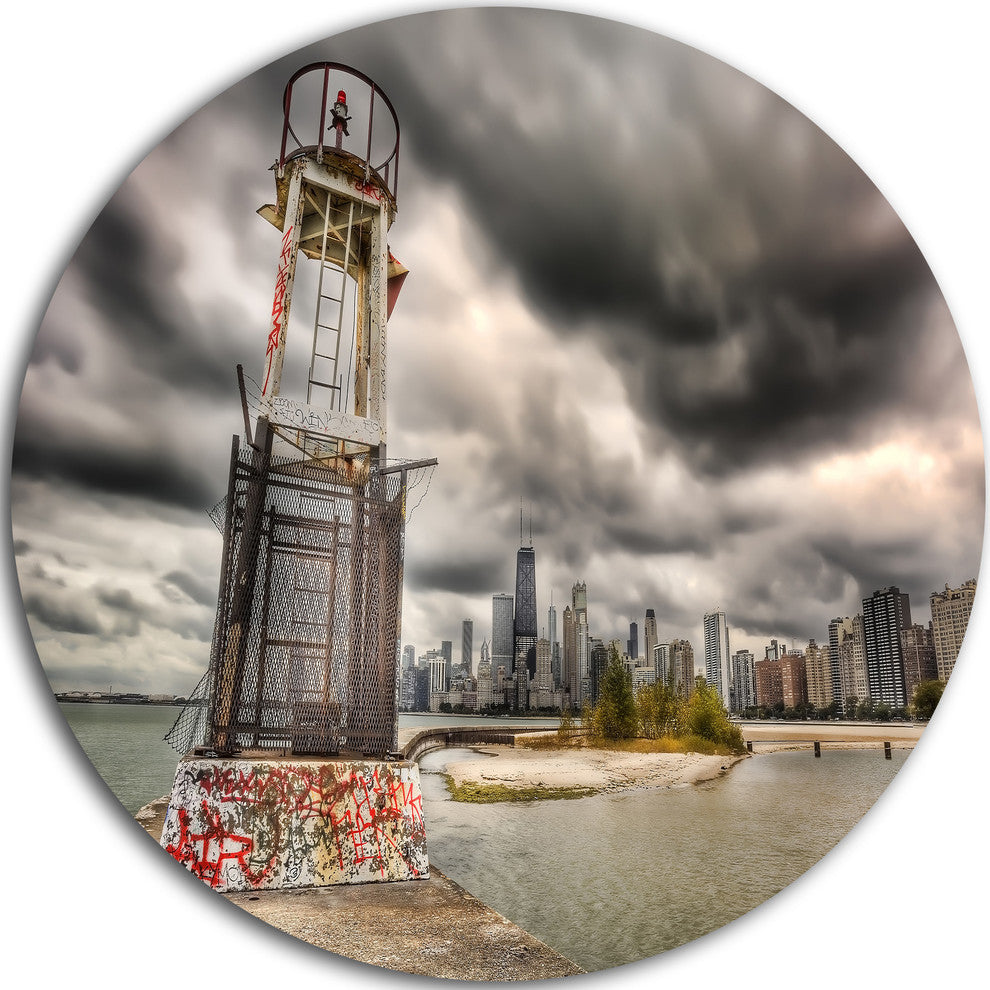 Lake Michigan Navigation Light, Cityscape Disc Metal Artwork, 23"