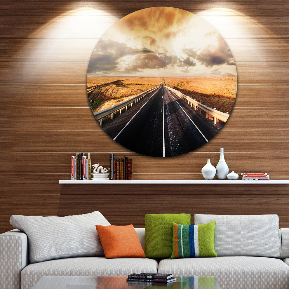 Road Through Desert Panorama, Disc Metal Artwork Landscape, 23"