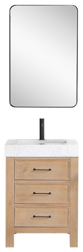 Leon Bath Vanity With Composite Stone Top, Fir Wood Brown, 24", With Mirror