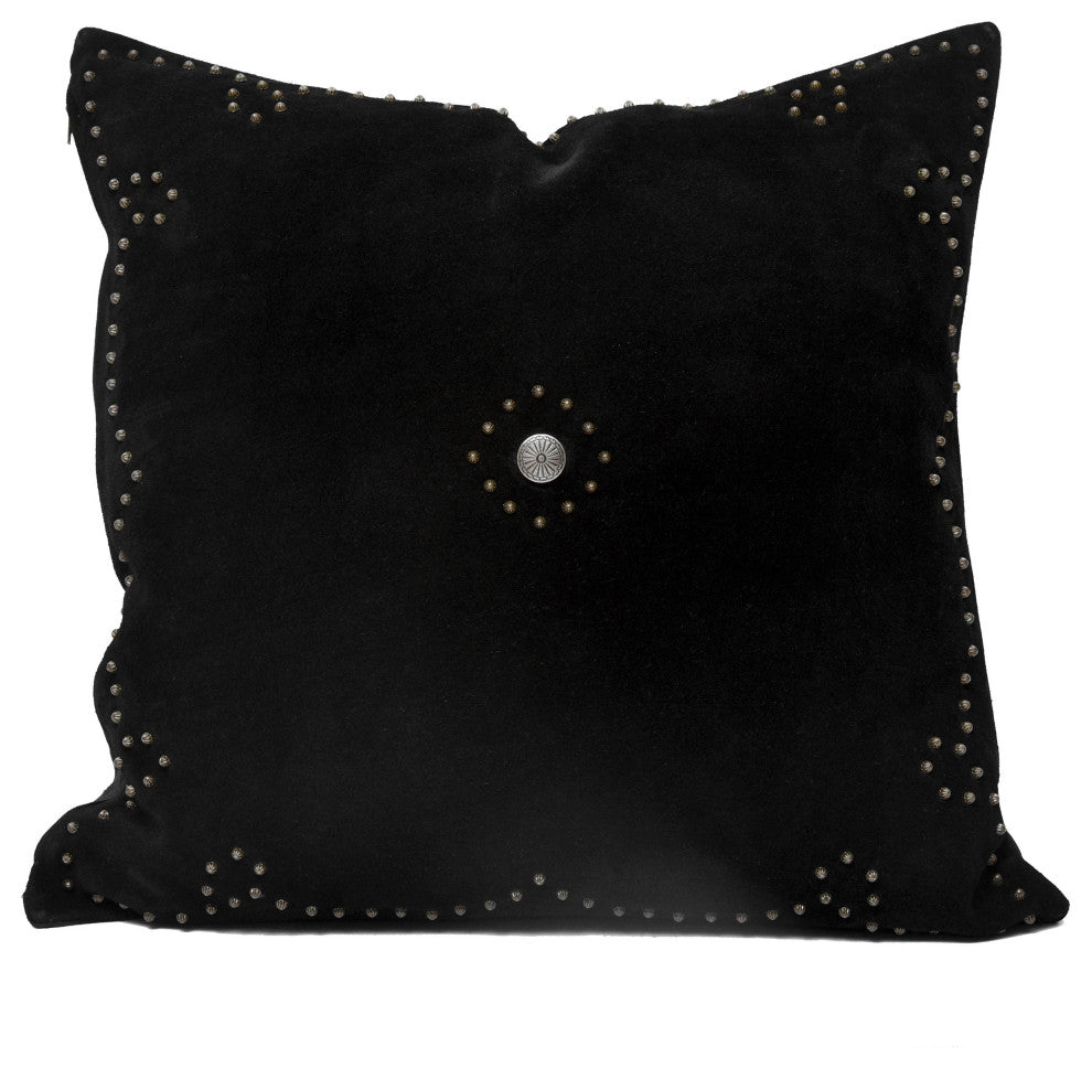 Western Suede Antique Silver Concho & Studded Pillow, 20" x 20", Black
