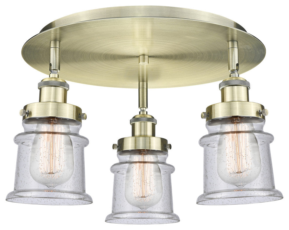 Canton-3 Light 17" Flush Mount-Antique Brass, Seedy Glass Shade