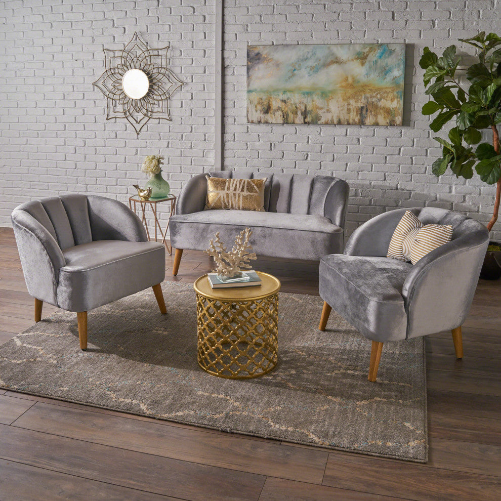 GDF Studio 3-Piece Scarlett Modern New Velvet Loveseat Club Chair Set, Pewter