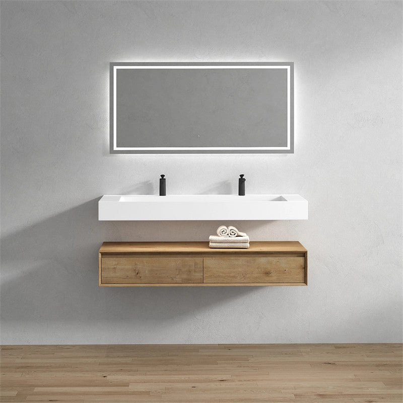 Alysa 60'' Floating Vanity, Acrylic Sink, Double Faucet Hole, White Oak