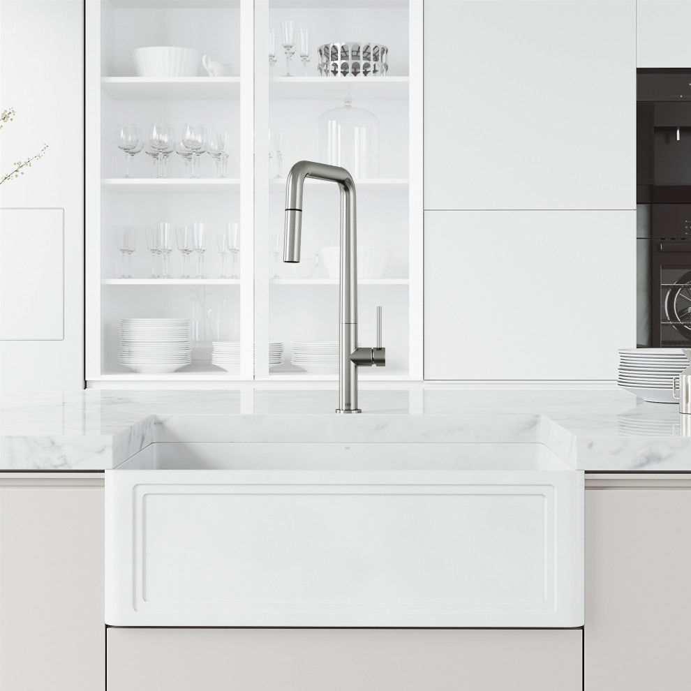 VIGO Parsons 18" H Single Handle Pull-Down Sprayer Kitchen Faucet, Stainless Steel, Without Extras