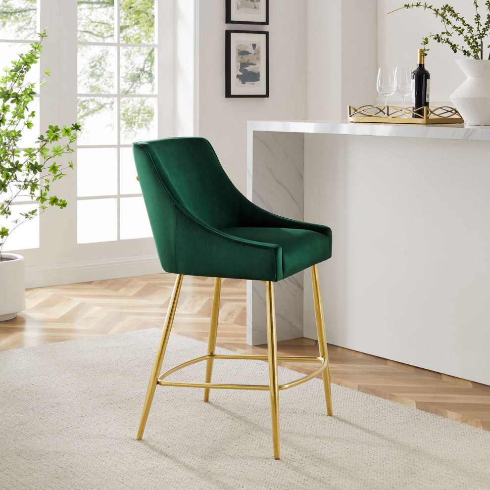 Counter Stool Chair, Green, Velvet, Modern Bar Pub Cafe Bistro Lounge Dining