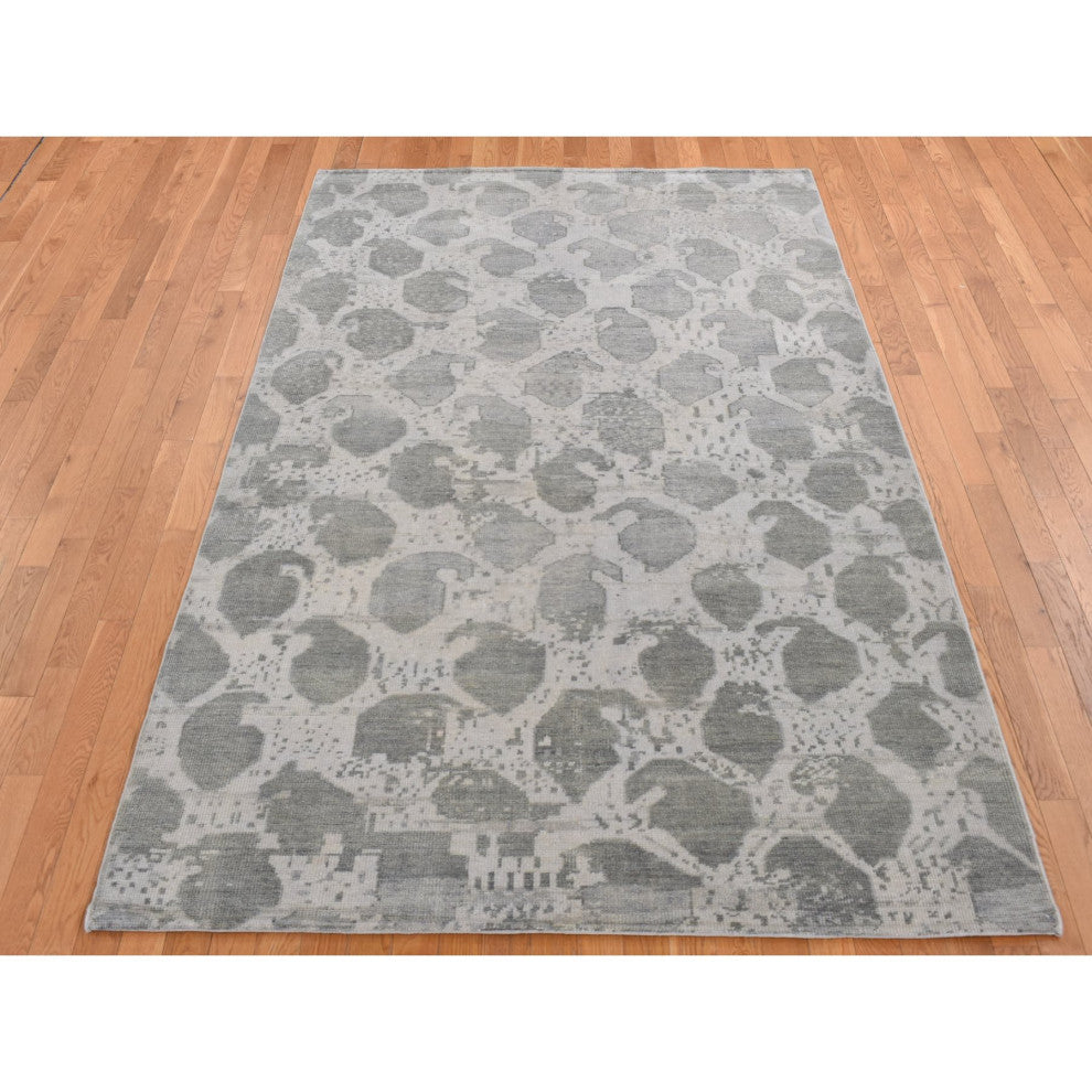 Gray Oushak Repetitive Botteh Design Pure Wool Hand Knotted Rug 5'10" x 9'