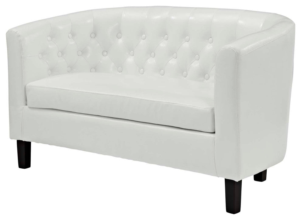 Tufted Armchair and Loveseat Sofa Set, Faux Leather, White, Modern, Lounge