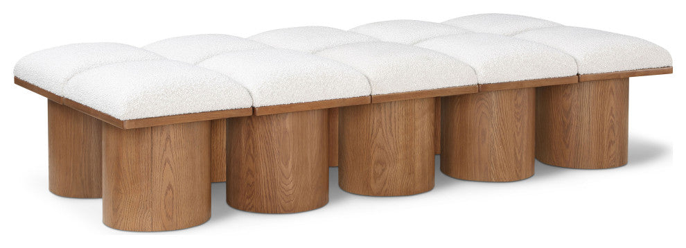 Pavilion Boucle Fabric Upholstered 10-Piece Modular Bench, Cream, Walnut Finish