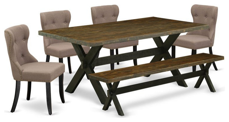 6-Piece Set With 4 Chairs, Wooden Cross Legs, Table and Dining Bench