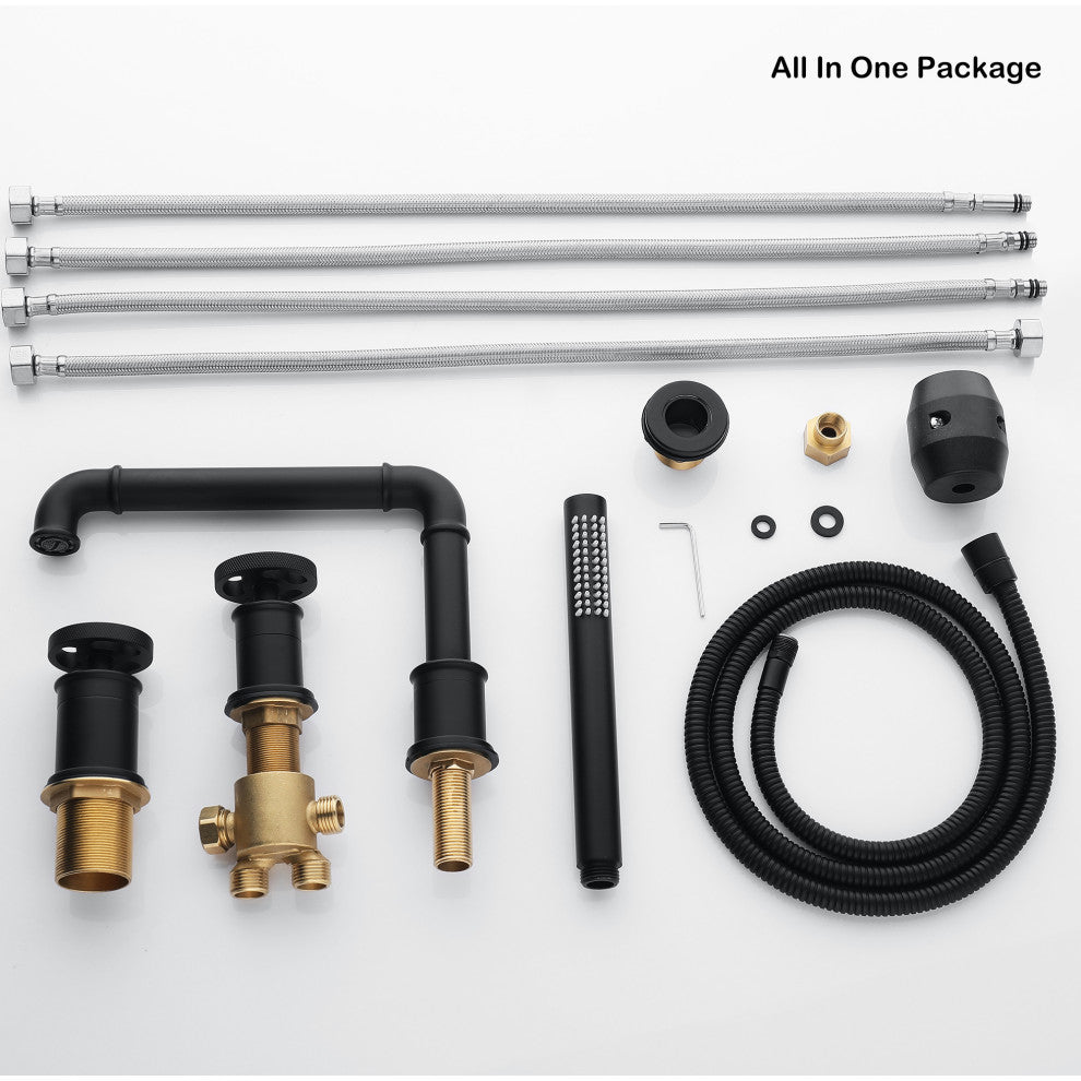 Deck Mounted Modern Tub Filler With Double Wheel Handles And Handshower, Matte B
