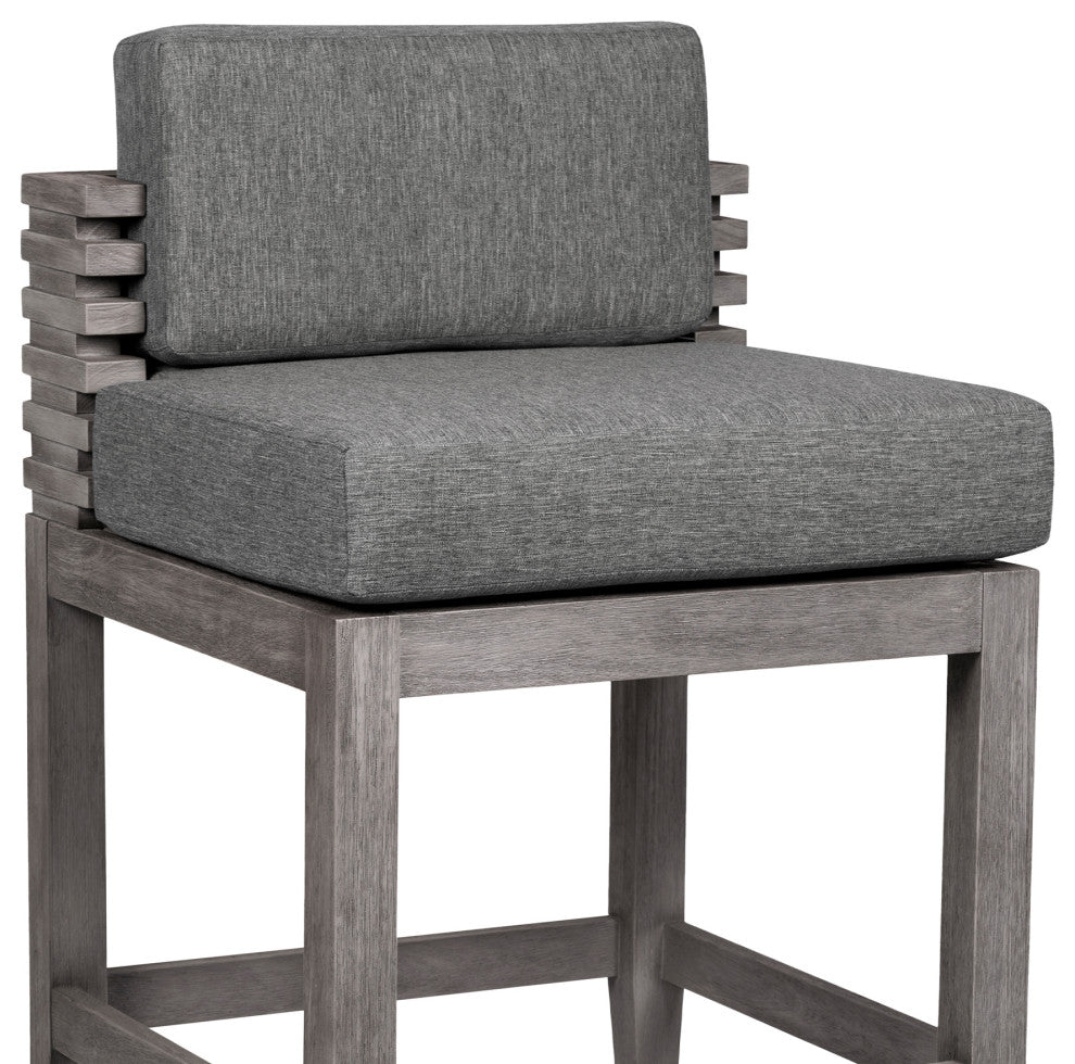 Vivid Outdoor Patio Bar Stool, Gray Eucalyptus Wood With Gray Olefin Cushions