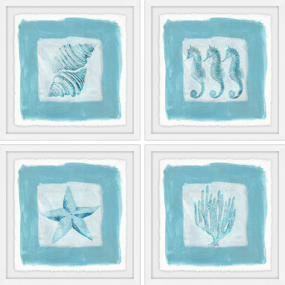 "Sea Life Blue Quadriptych" Framed Painting Prints, 24"x24", 4-Piece Set
