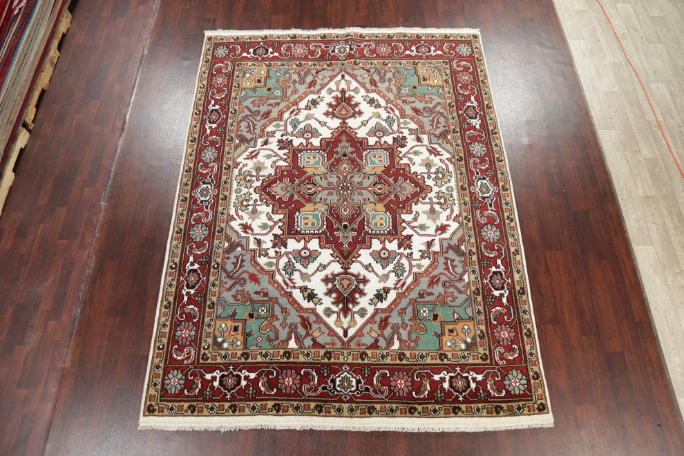 Heriz Oriental Traditional Hand-Knotted Area Rug Indian, Beige, 10'4"x7'11