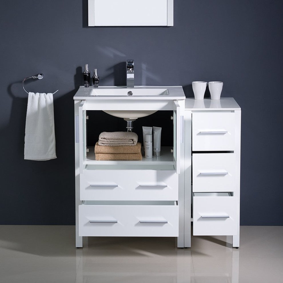 Torino 36" White Modern Bathroom Vanity With Side Cabinet, FFT3811CH