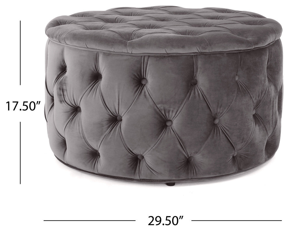 GDF Studio Maelyn Modern Glam Tufted Velvet Round Ottoman, Dark Gray