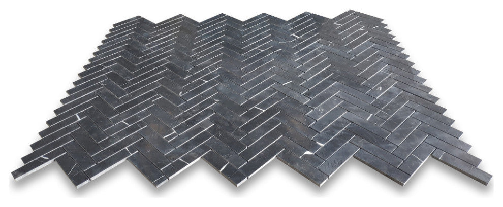 Nero Marquina Black Marble 1x4 Herringbone Mosaic Tile Honed, 1 sheet