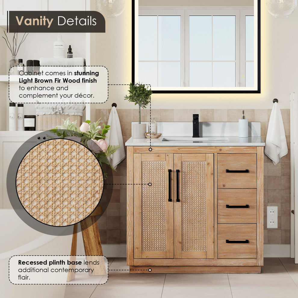 Floral Vanity, Calacatta White Quartz Countertop, Light Brown, 36", No Mirror