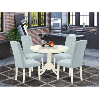 5Pc Dining Set, Round Table, Four Parson Chairs, Baby Blue Fabric, Linen White