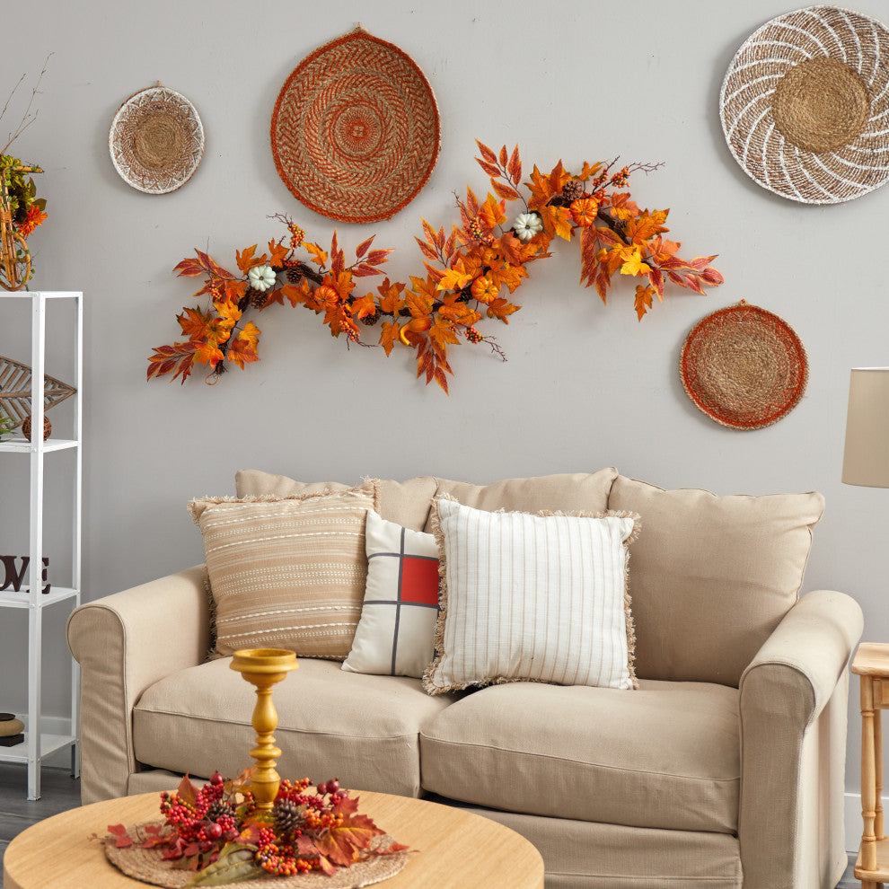 6' Assorted Fall Maple Leaves, Pumpkins, Gourds, Berries & Pinecone Faux Garland