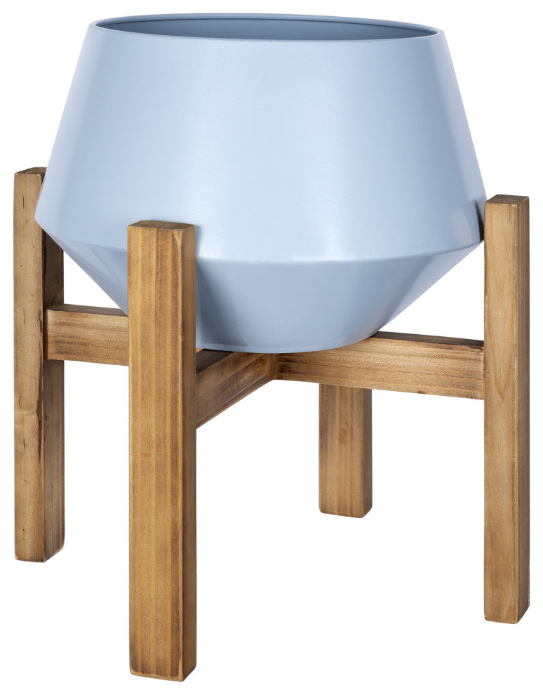 Blue Hexagonal Planter With Wooden Base