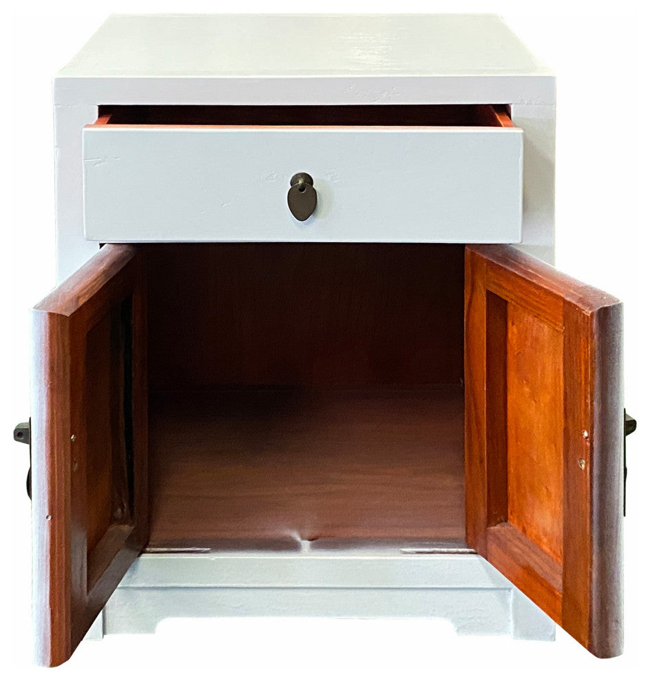 Distressed White Lacquer MoonFace End Table Nightstand Cabinet Hcs7039