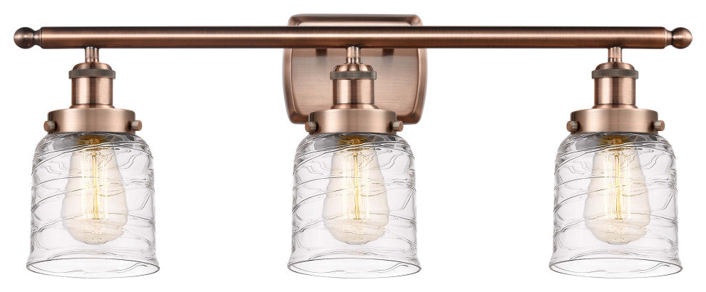 Small Bell 3 Light Bath Vanity Light, Antique Copper, Deco Swirl