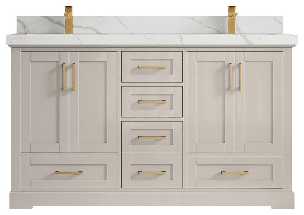 Boston 60" Double Bathroom Vanity in Fine Grain 2" Calacatta Laza
