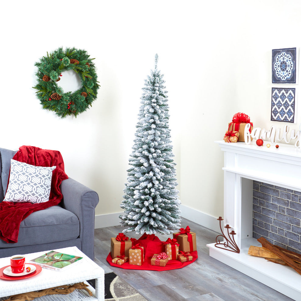 6' Flocked Pencil Artificial Christmas Tree With 438 Bendable Branches
