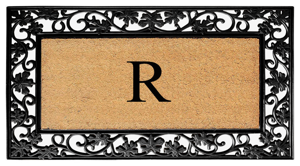 A1HC Floral Border Black 18x30 Rubber and Coir Heavy Duty Monogrammed Doormat, R