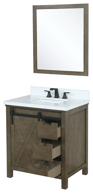Marsyas 30" Vanity, White Square Sink and 28" Mirror, Rustic Brown