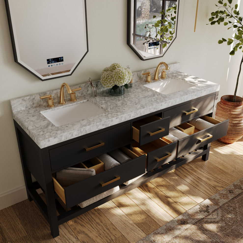 Arcadia Bath Vanity, Black Onyx, 72", Gold Hardware, Double, Freestanding