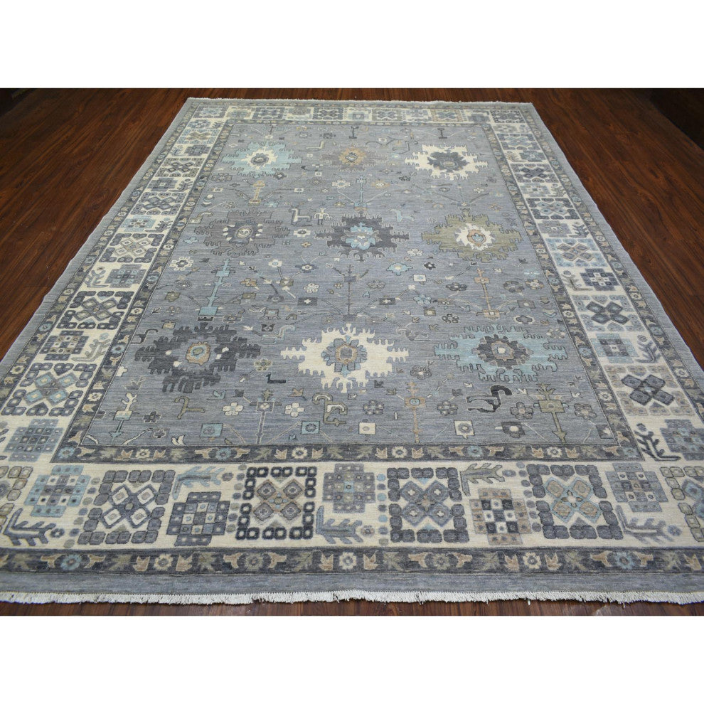 Stone Gray Afghan Wool Hand Knotted Fine Peshawar Oriental Rug, 9'0"x12'0"