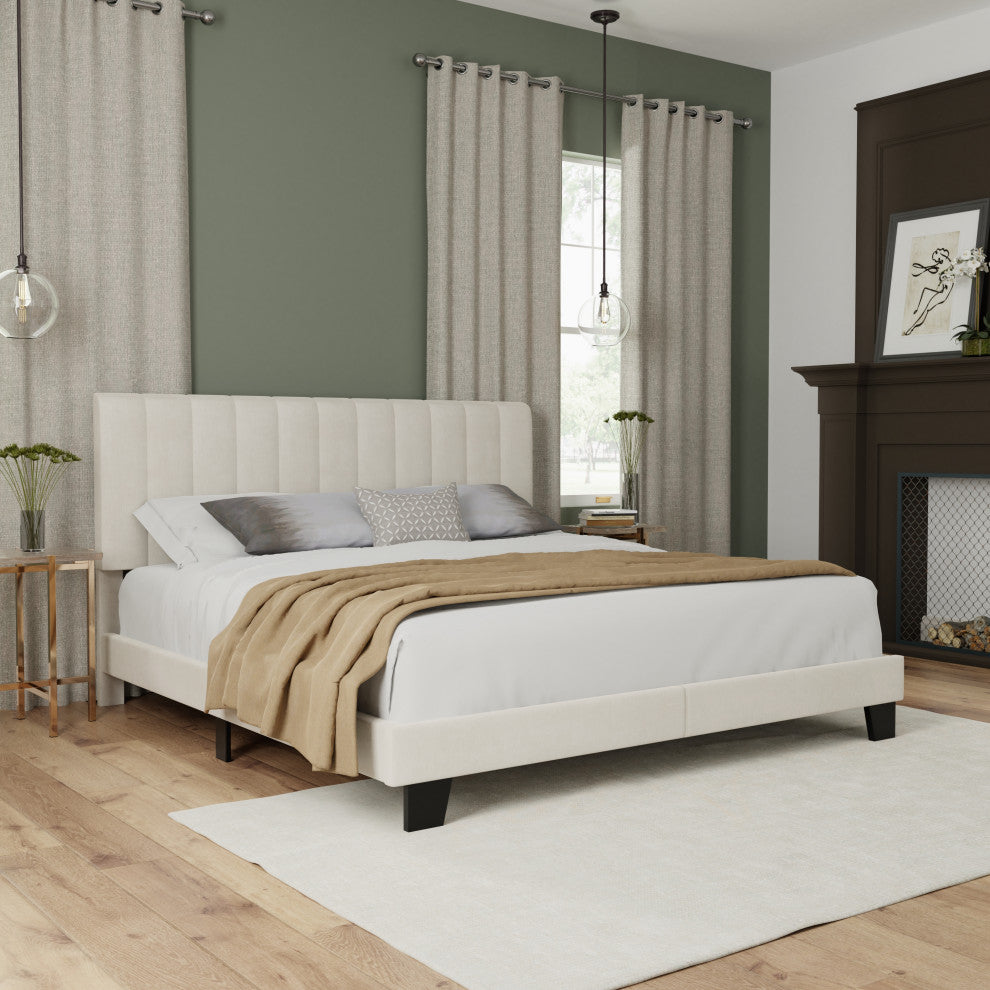 Hillsdale Crestone Adjustable Height Channel Upholstered Full Platform Bed, Cream, King Bed