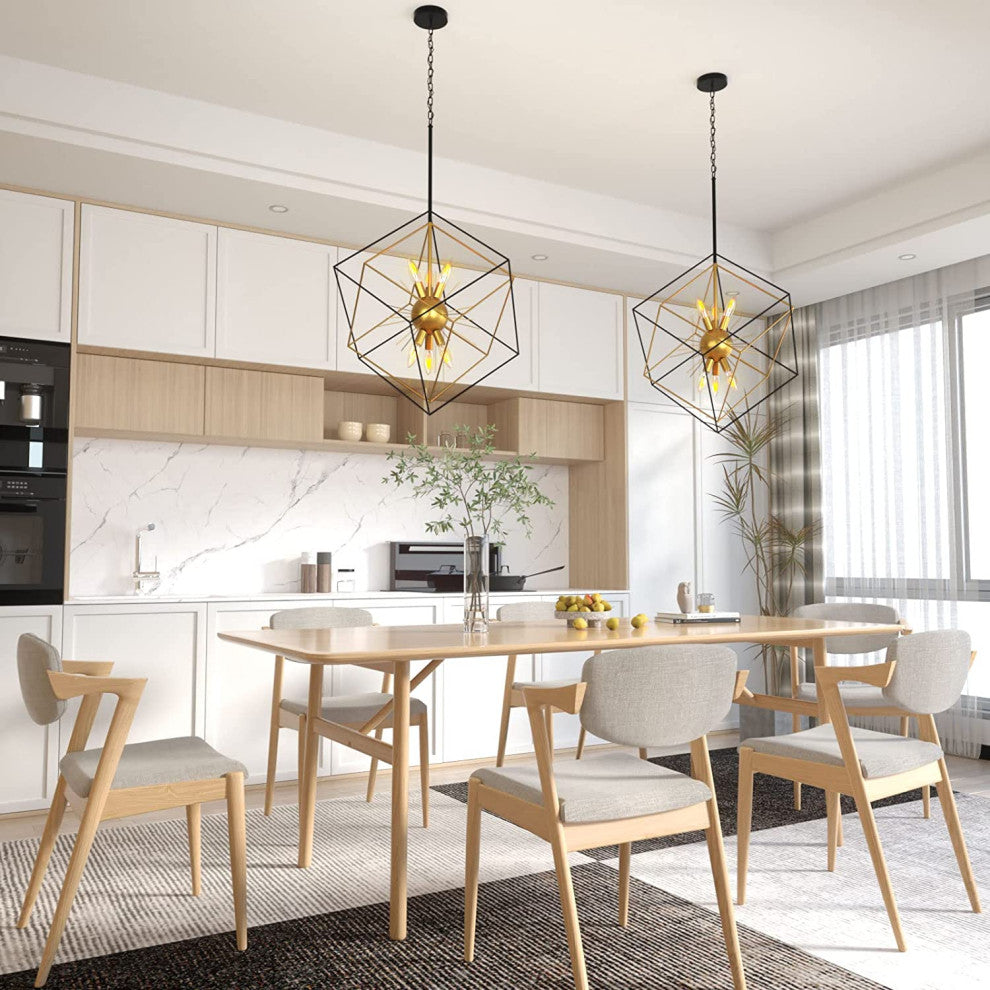 6 Light Modern Sputnik Chandelier Adjustable Black and Gold Cage Pendant Lamp